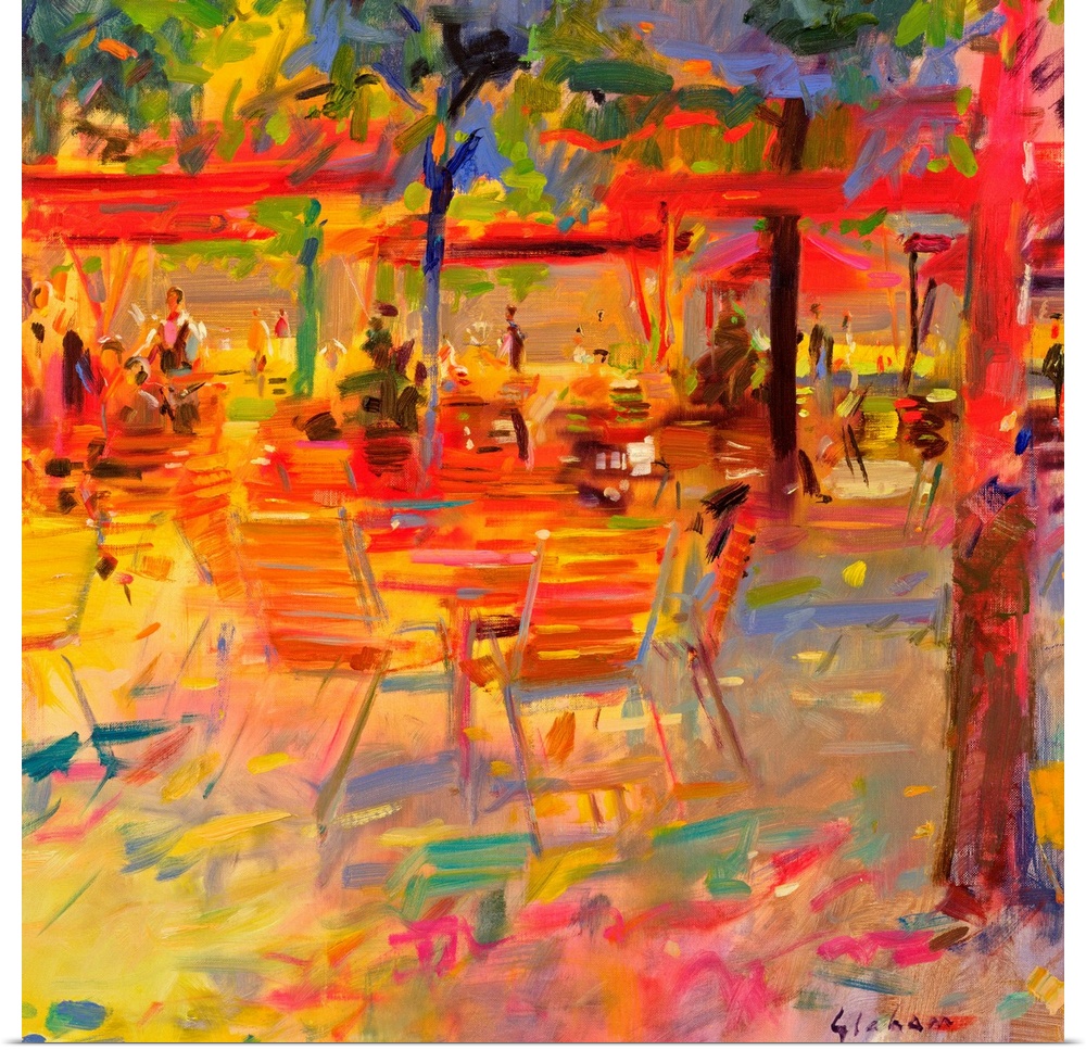 Big contemporary art portrays people sitting within the outside seating area of a restaurant filled with tables, chairs, u...