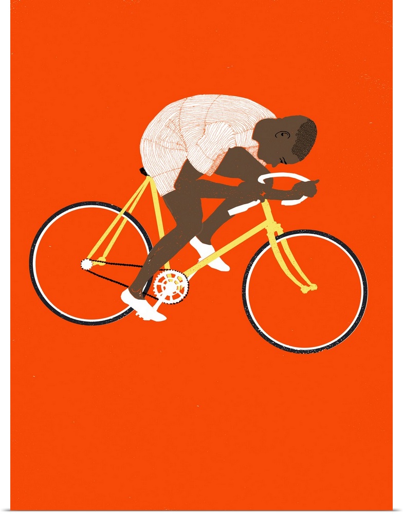 Contemporary illustration of a cyclist on a yellow bike against a red background.