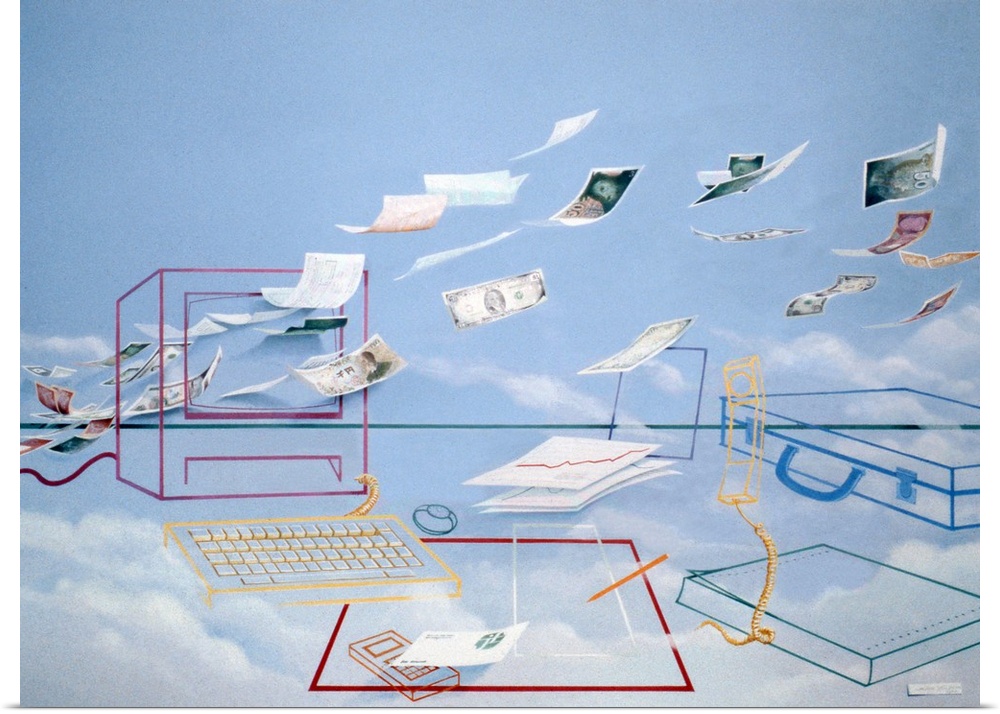 Abstract contemporary painting of images and papers flying through wire structures of electronics.