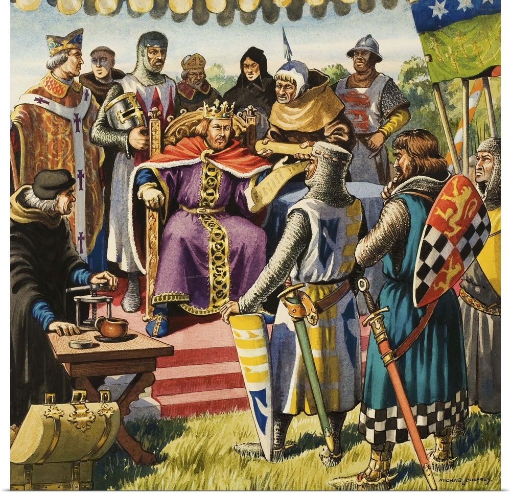 The barons meet King John at Runnymede and present him with Magna Carta. Original artwork for illustration on p17 of Treas...
