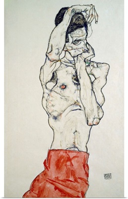 Male Nude With Red Sheet (Self-Portrait), Drawing By Egon Schiele