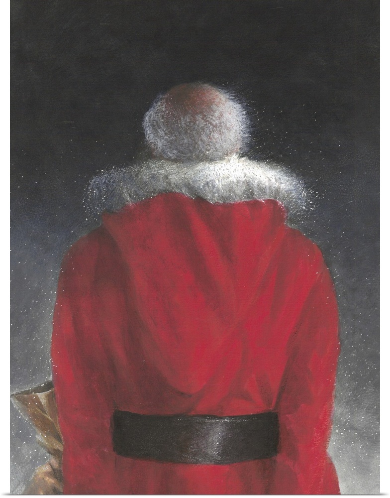 Contemporary painting of a the rear view of a man in a red coat.