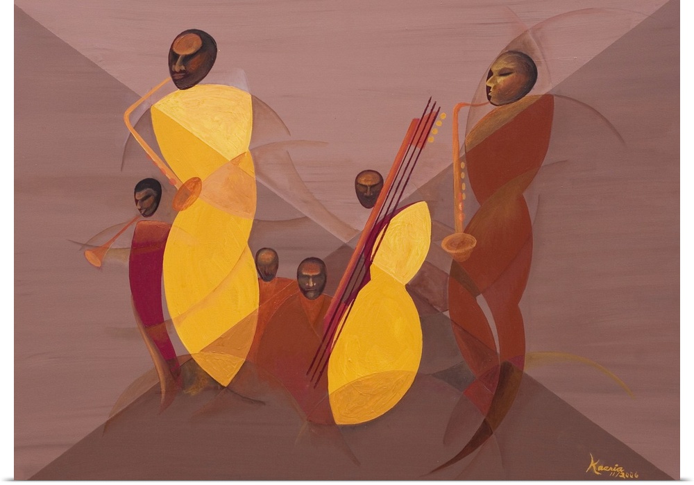 Contemporary artwork by an African American artist of jazz musicians created with curving sculptural shapes in this abstra...