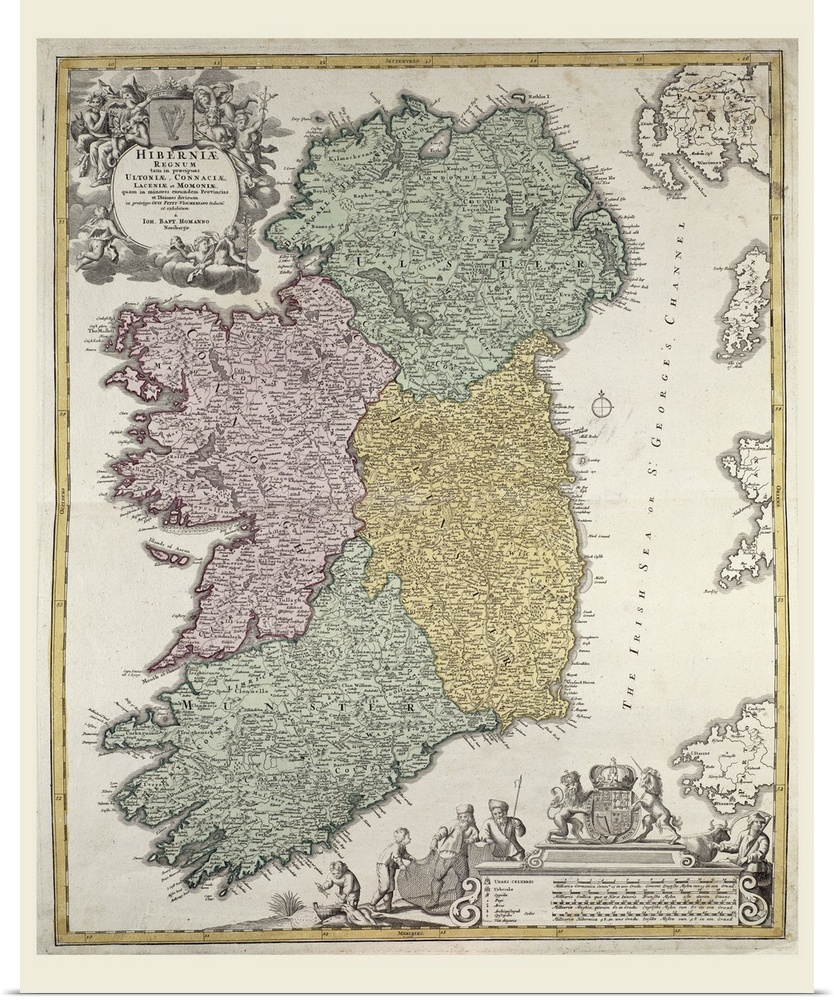An antique map of Ireland showing the Provinces of Ulster, Munster, Connaught and Leinster.