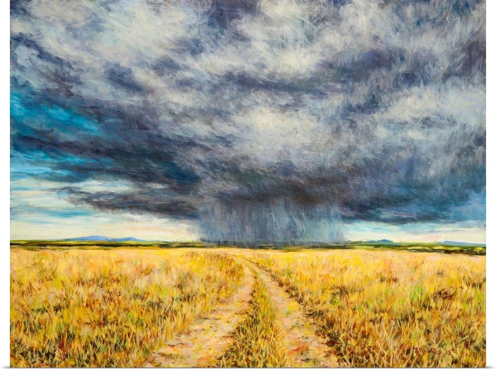 Contemporary painting of a storm advancing over the Kenyan plains.