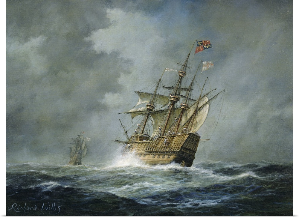 Horizontal painting on a large wall hanging of the war ship Mary Rose tilting sideways in rough seas, beneath a stormy sky...