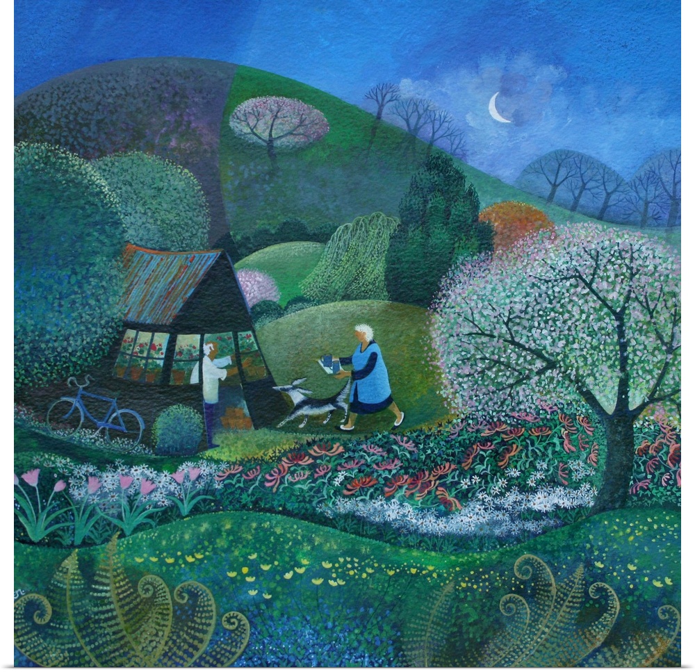 Contemporary painting of a person walking in a garden in the evening.