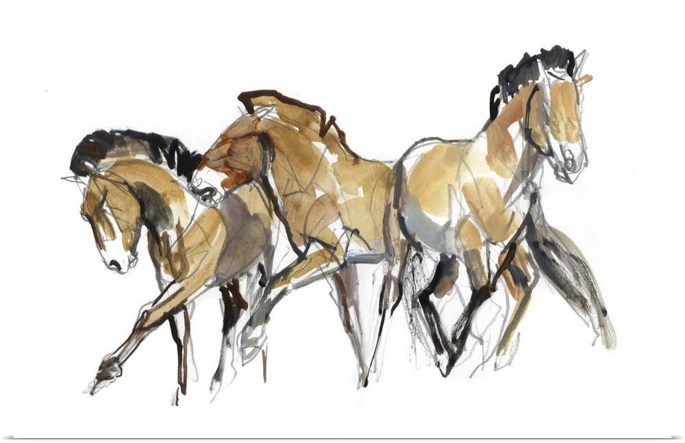 Contemporary artwork of three Mongolian Przewalski horses against a white background.