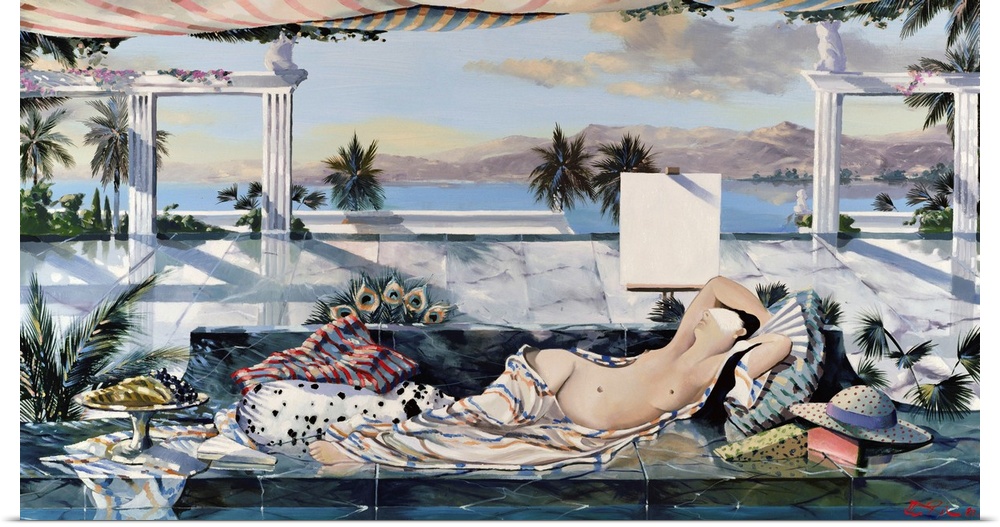 Contemporary painting of a nude woman reclining by the ocean.