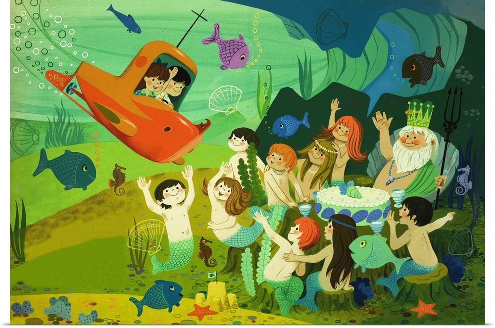 Modern fairy tale: submarine and mermaids. Original artwork.
