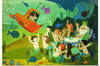 Modern fairy tale: submarine and mermaids