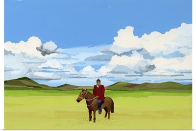 Mongolian Steppes And People Riding Horses, 2015