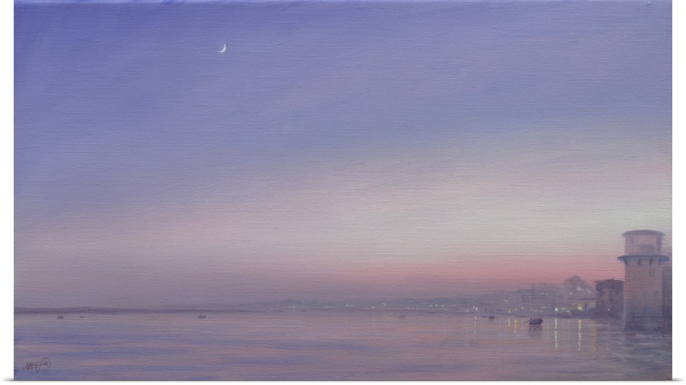 DKH269870 Moon over Varanasi (oil on canvas) by Hare, Derek (b.1945); 61x35.6 cm; Private Collection;  Derek Hare. All rig...