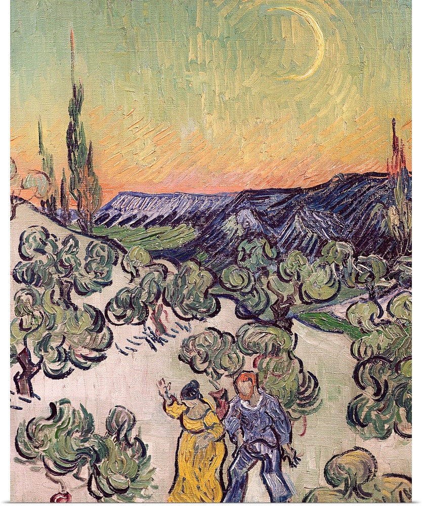 A piece of classic artwork with a man and woman walking through a field of trees with a crescent moon painted in the sky.
