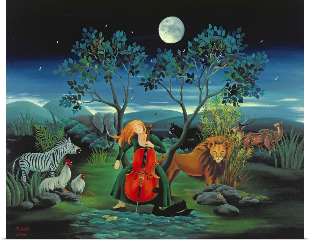 Contemporary painting of a woman playing music with wild animals at night.
