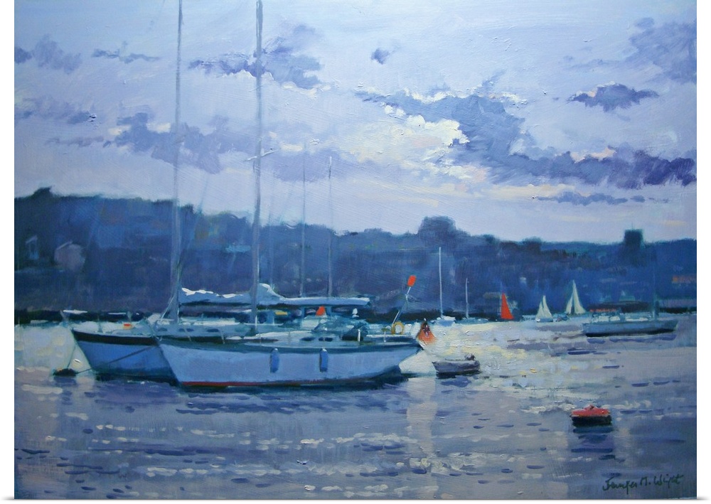 Moored yachts, late afternoon (oil on canvas) by Wright, Jennifer.