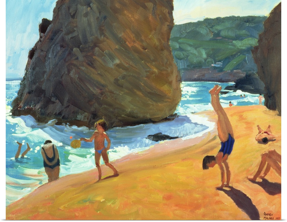 Horizontal painting on a big canvas of people playing on the beach, near the water, large boulders behind them, in front o...