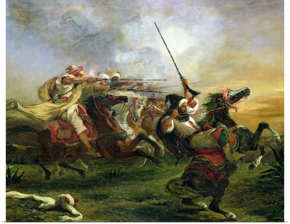 XIR69466 Moroccan horsemen in military action, 1832  by Delacroix, Ferdinand Victor Eugene (1798-1863); oil on canvas; Mus...