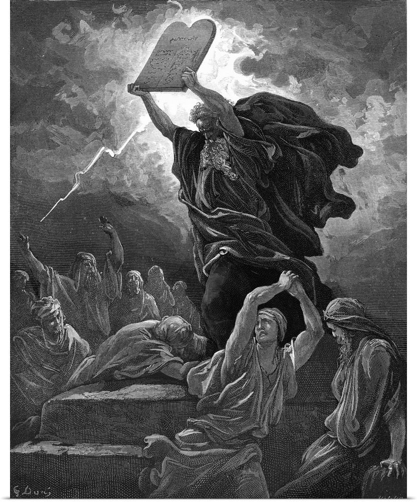 Moses breaks the tablets of the law after coming down from Mount Sinai and finding the children of Israel worshipping the ...