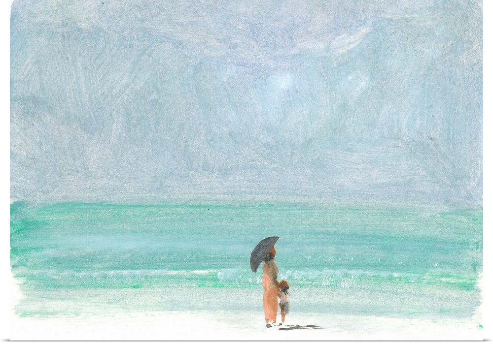 Contemporary painting of a woman with a child on a beach under a black umbrella.