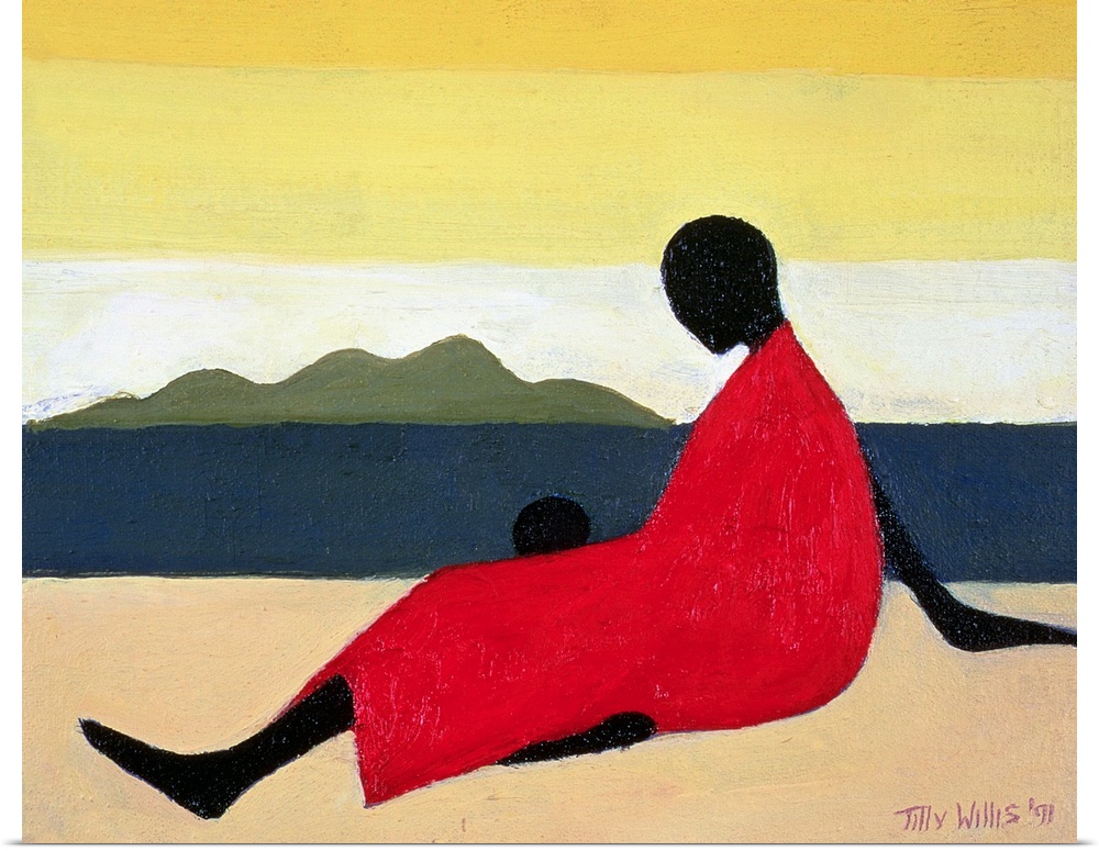 This contemporary geometric painting shows a stylized woman sitting on a beach with her child in this African-American art...