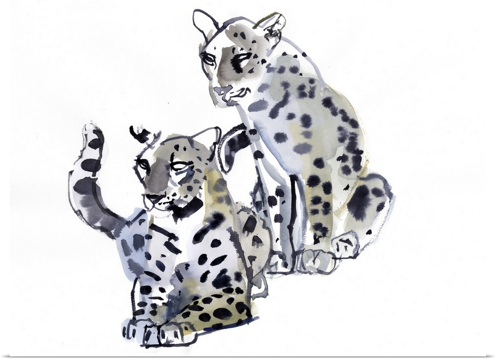 Contemporary wildlife painting of an Arabian Leopard and her cub.
