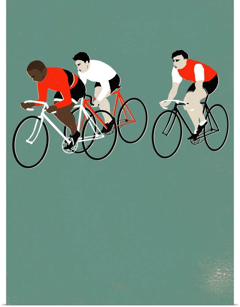 Contemporary illustration of a cyclists riding against a pale green background.