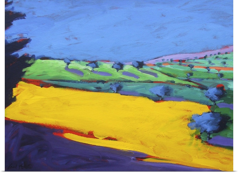 Vibrant colors are used to paint a field full of trees and different colored landscape in the foreground.