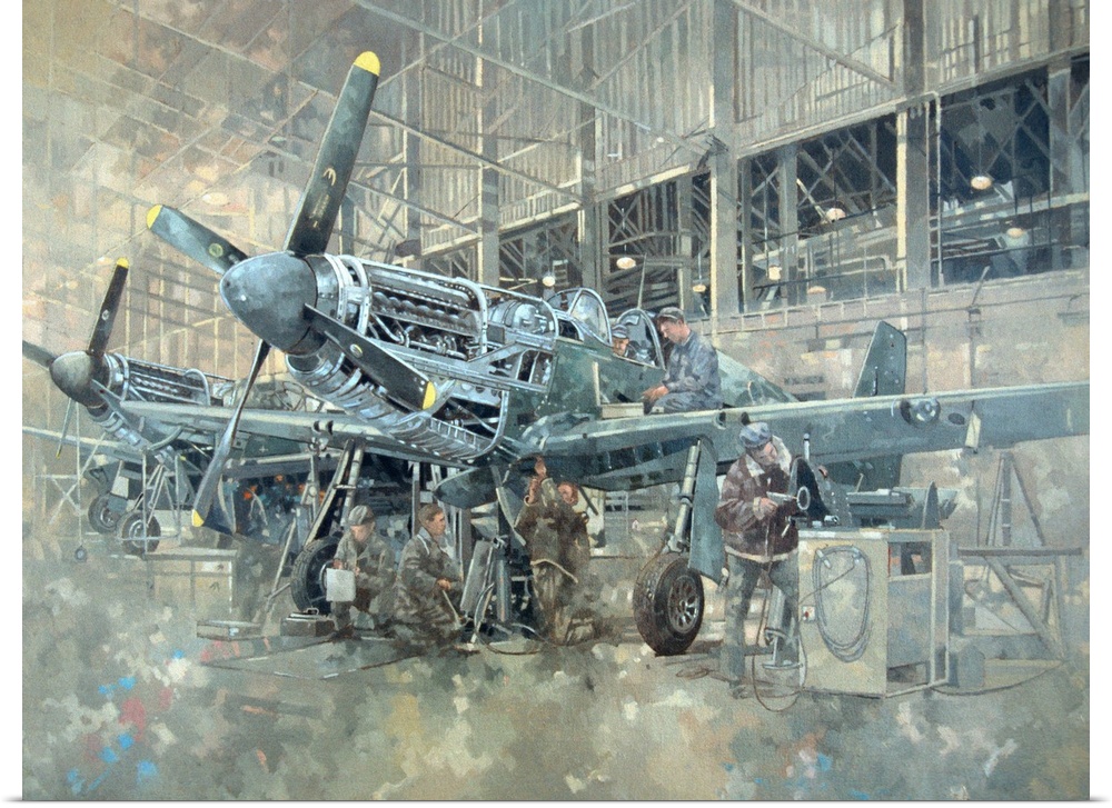 Painting of airplanes in a hangar with pilots at work.