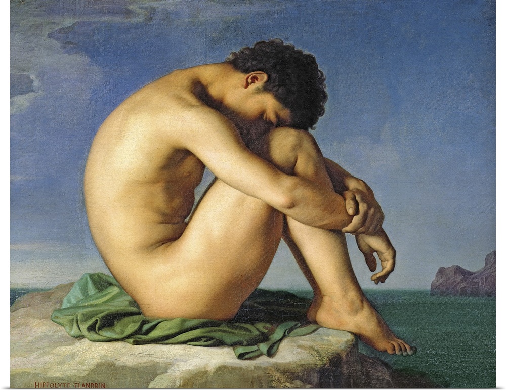 XIR61179 Naked Young Man Sitting by the Sea, 1836 (oil on canvas)  by Flandrin, Hippolyte (1809-64); 98x124 cm; Louvre, Pa...