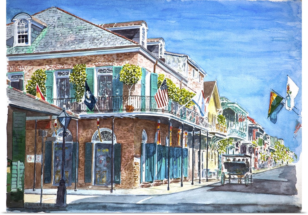 Contemporary watercolor painting of a street in New Orleans, Louisiana, on a clear day.