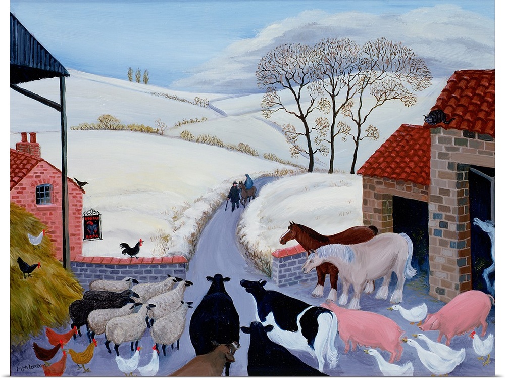 Contemporary painting of farm animals gathered outdoors.