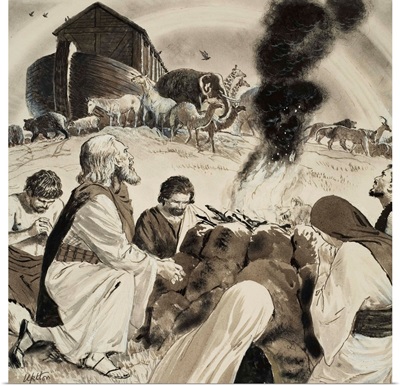 Noah's family praying near the Ark