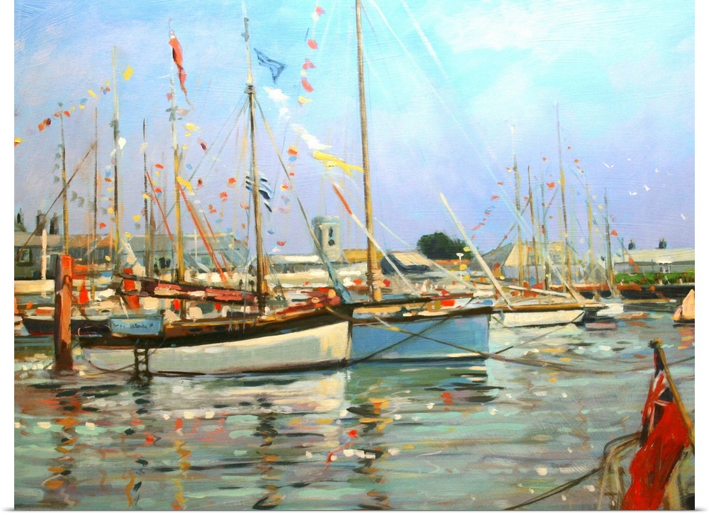 Contemporary painting of a harbor filled with sailboats.