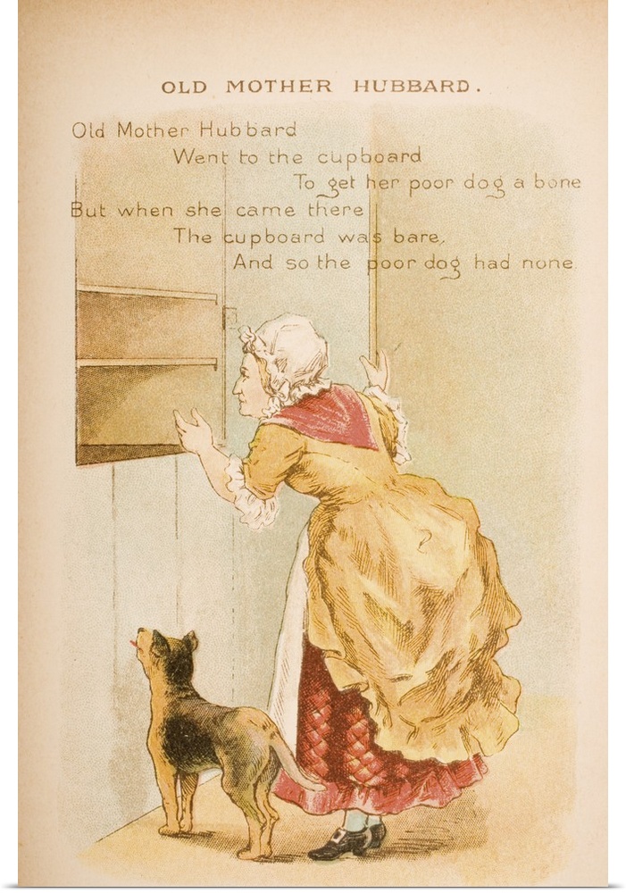 Nursery rhyme and illustration of Old Mother Hubbard from Old Mother Goose's Rhymes and Tales. Illustrated by Constance Ha...