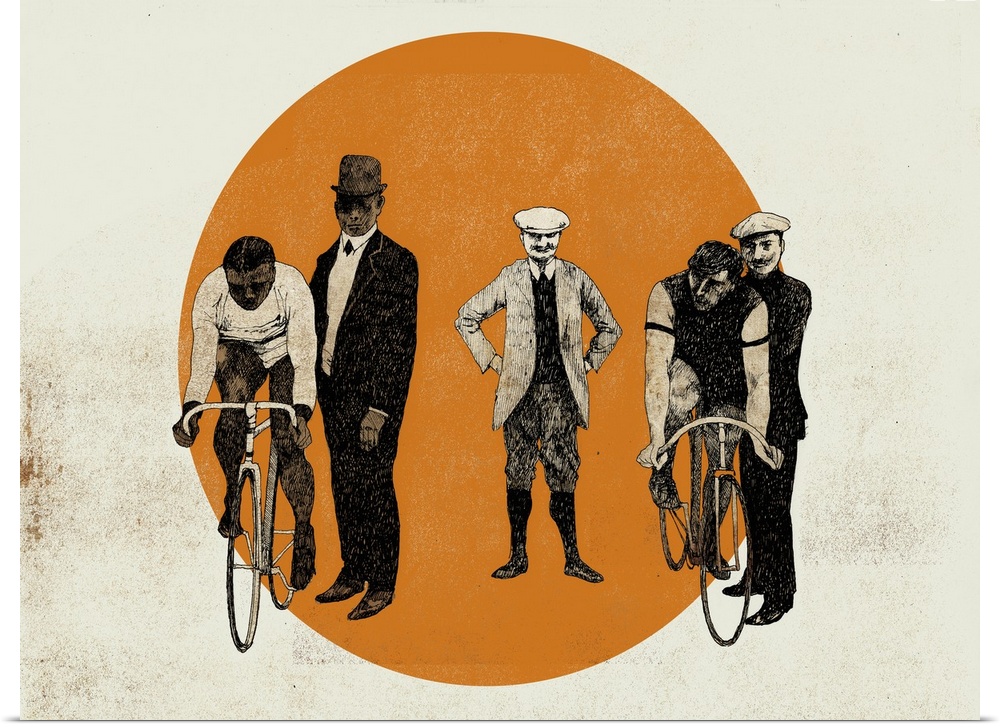 Contemporary illustration of two cyclists ready to start off against a circular orange vignette.