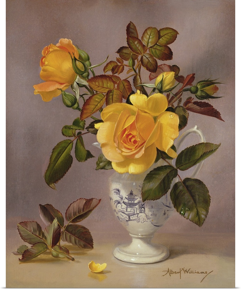 Orange Roses In A Blue And White Jug