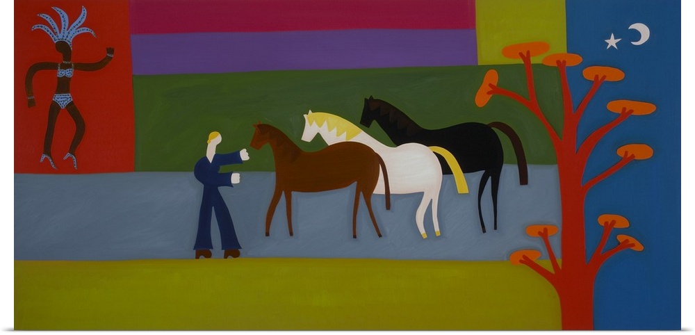 Contemporary painting of a person with three horses in a row.