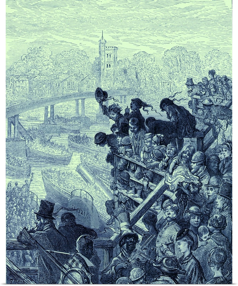 Oxford and Cambridge boat race - with the boats passing under Putney Bridge, London. Men, women and children leaning over ...