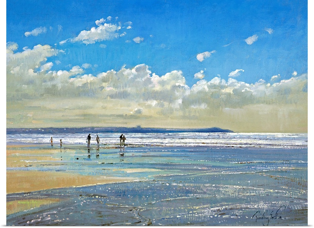 Oversized, horizontal painting of a small group of people in the distance, walking the shoreline beneath a blue sky full o...