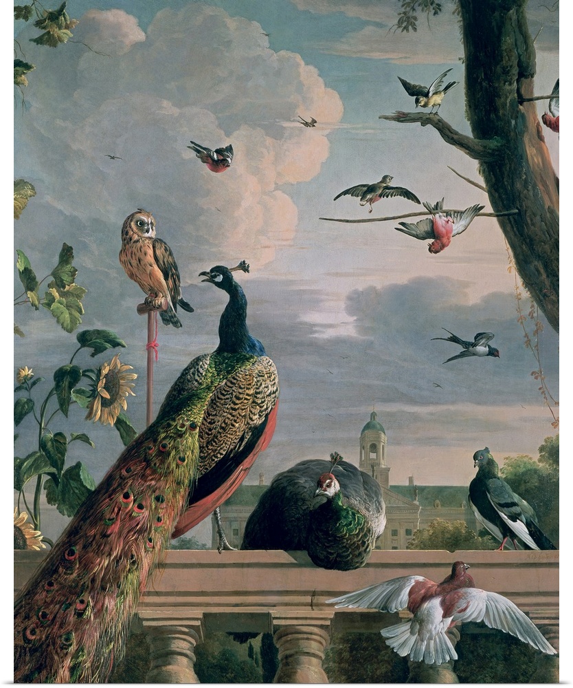 This is a vertical painting of a 17th century outdoor menagerie of birds gathering on a porch railing and in a near by tree.