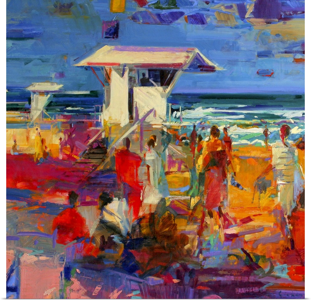 Contemporary artwork of crowds of people on the beach surrounding lifeguard houses. A variety of colors are used for the b...
