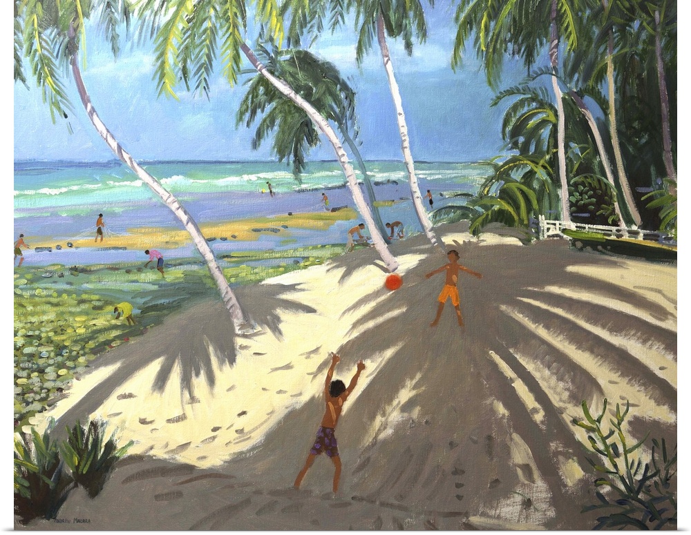 Contemporary painting of children playing together on a tropical beach.