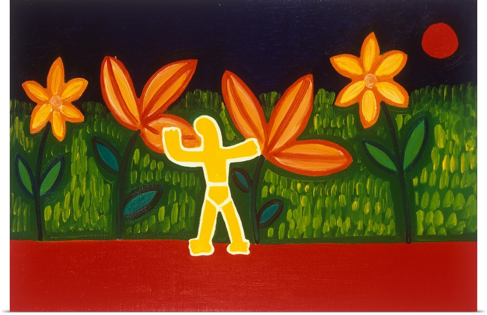 Contemporary painting of a person standing next to large flowers.