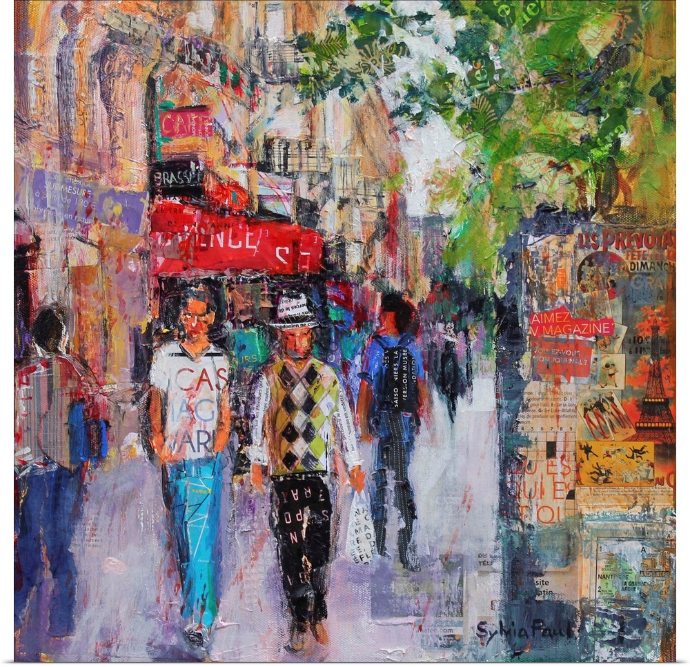 Contemporary painting of crowded streets of Paris.