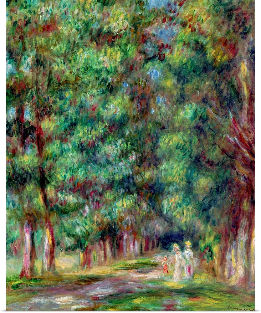 Oversized, vertical classic painting of tall trees on either side of a small path, where several people are walking.  Pain...