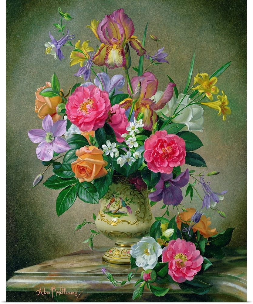 A large vertical painting of colorful flowers inside an antique vase with a neutral background.