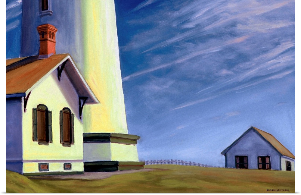 Contemporary artwork of a small house next to a lighthouse on the coast of Washington.
