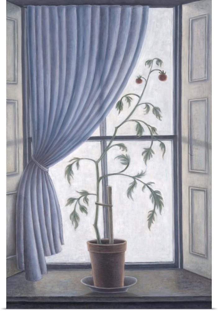 Contemporary painting of a potted plant on a window sill.