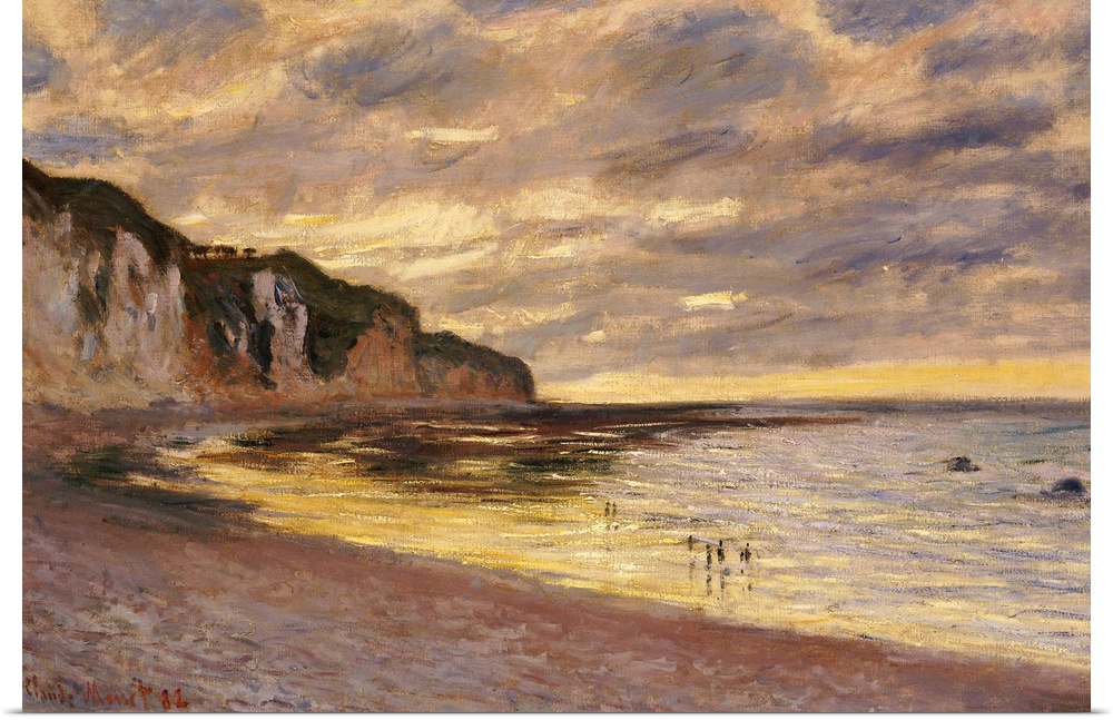 A classic piece of artwork that is a painted beach scene under a dusk sky with cliffs lining the left side of the print.